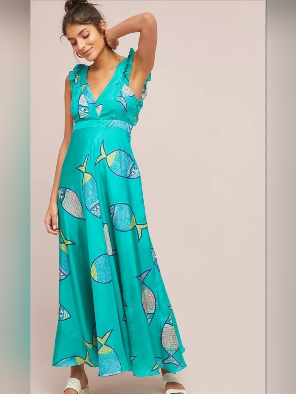 Anupamaa Summer School Silk Teal Fish-Print V-Neck Maxi Dress